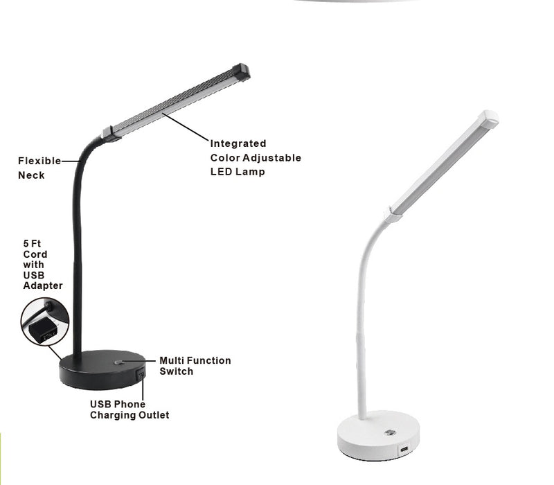 8W LED Dimmable Desk Lamp w/ USB Charger, Dimmable 3CCT