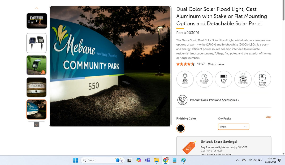Dual Color Solar Flood Light, Cast Aluminum with Stake or Flat Mounting Options and Detachable Solar Panel
