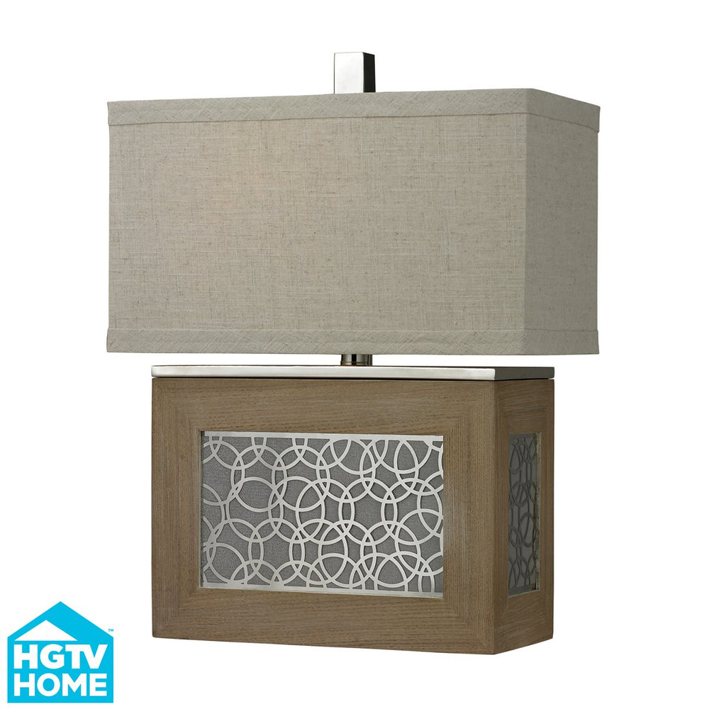 WOOD VENEER TABLE LAMP WITH LASER CUT METAL CENTRE PANEL