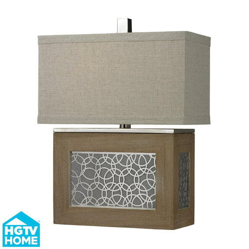 WOOD VENEER TABLE LAMP WITH LASER CUT METAL CENTRE PANEL